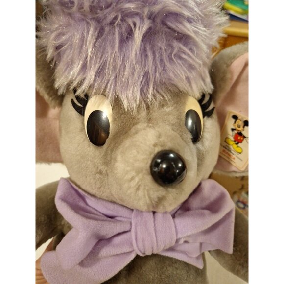 80s Disney Bianca Gray Plush Mouse Stuffed Purple Bow 16" Vintage Made in Korea - Picture 6 of 16